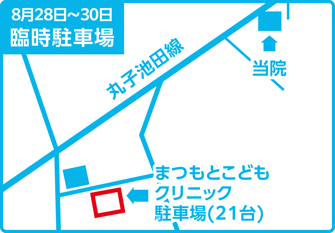 8月28日～30日臨時駐車場まつもとこどもクリニック駐車場
